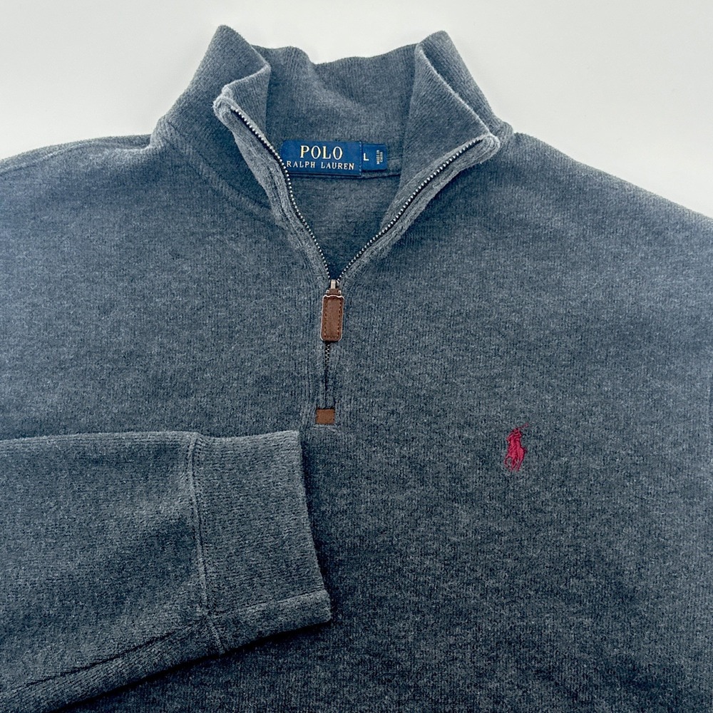 Polo Ralph Lauren Mens L 1/4 Zip Knit Pullover Sweater Gray Leather Pull Red Pny